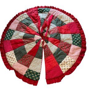 HM Quilted Christmas Tree Skirt 48" Red Green Patchwork Ruffle Farmhouse Cottage